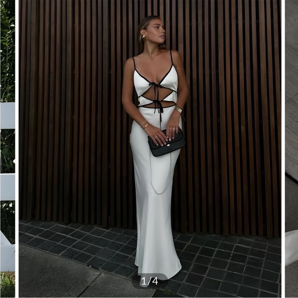 Commense Black and White Contrast Trim Tie Front Maxi Dress Cutout Maxi Dress XS